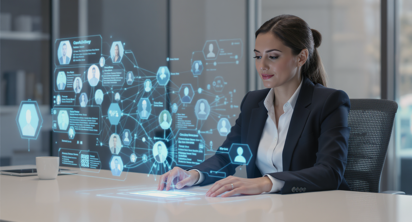 A confident recruiter uses a holographic interface displaying candidate data, illustrating an AI-empowered workflow.