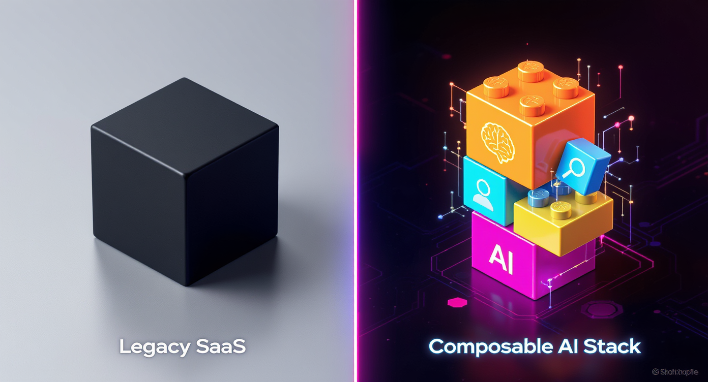 A split-screen image showing a solid black box on one side and a flexible stack of glowing blocks on the other, representing the shift from monolithic to composable systems.